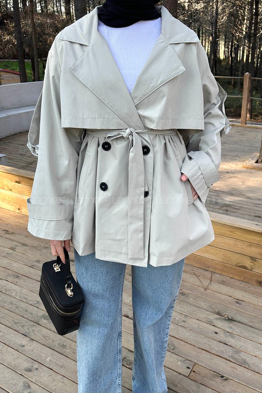 Beige Long Arm Polyester Trench Coat