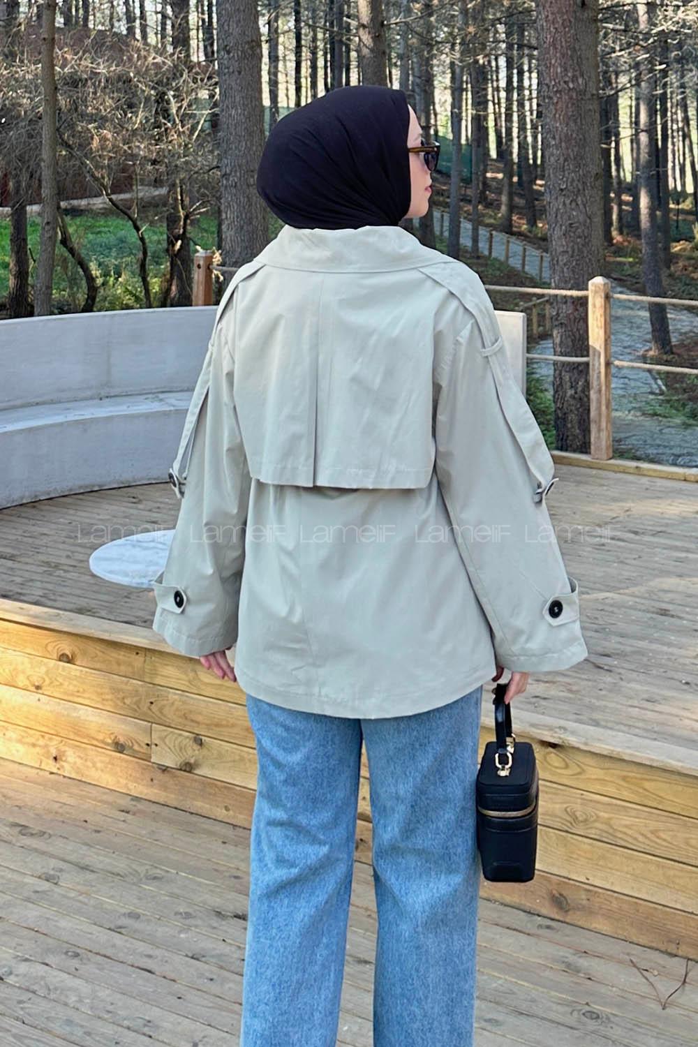 Beige Long Arm Polyester Trench Coat