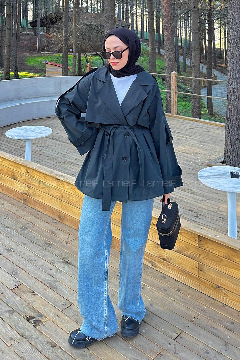 Lamelif Bağlama Detaylı Trençkot Haki