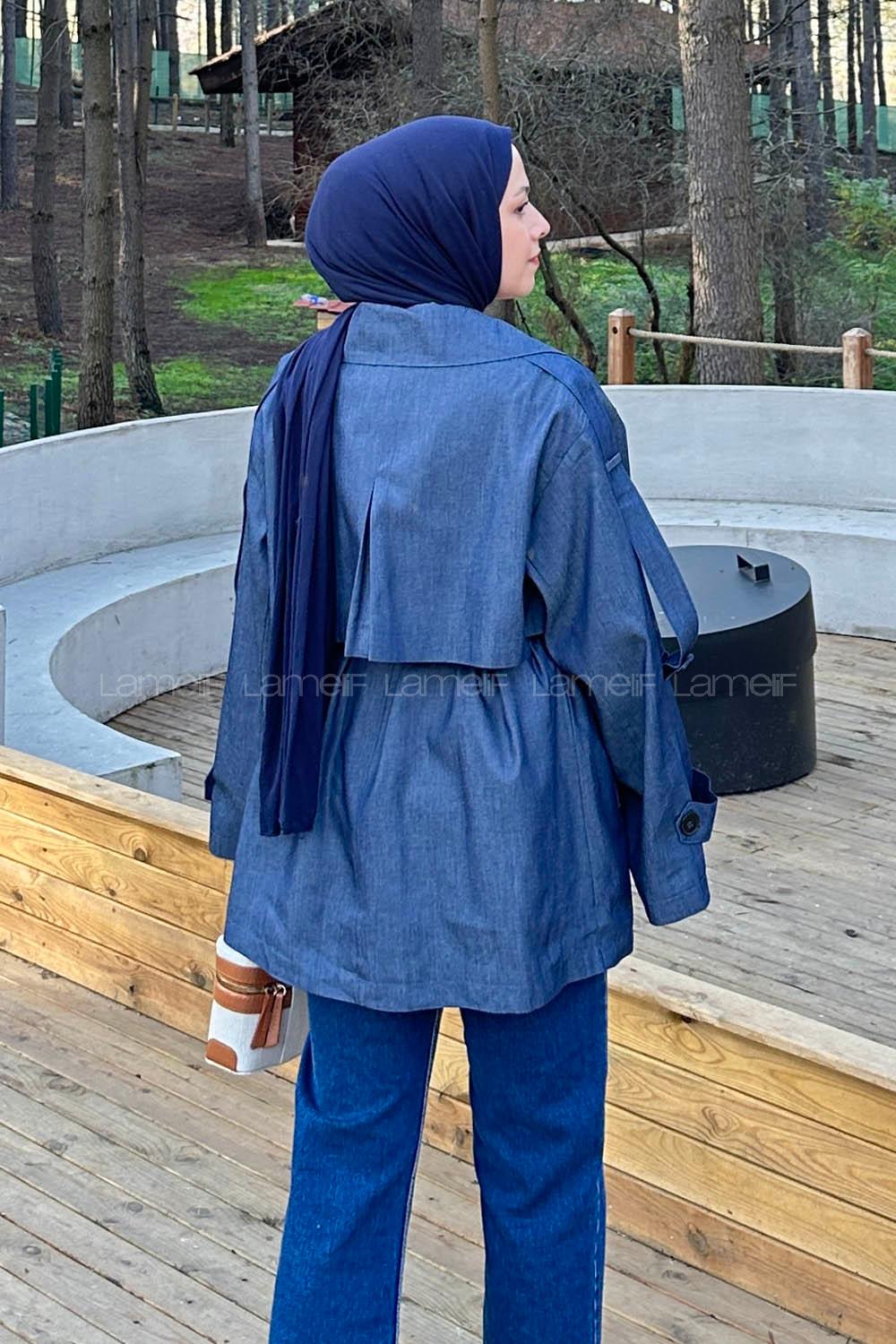 Lamelif Bağlama Detaylı Trençkot Kot Mavisi