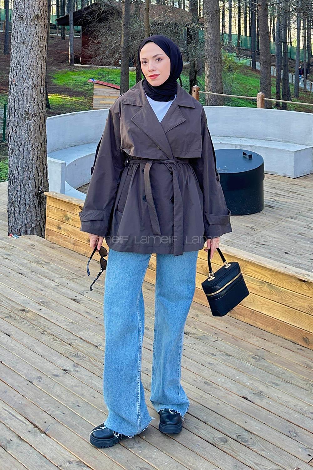 Dark Brown Long Arm Polyester Trench Coat