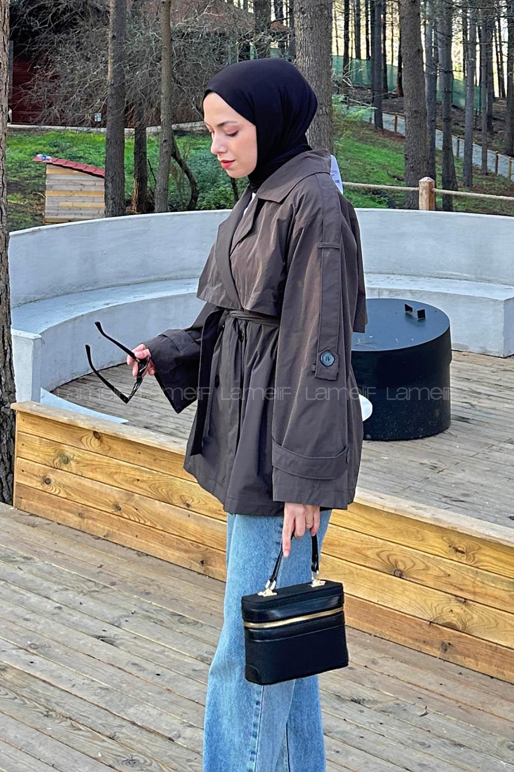 Dark Brown Long Arm Polyester Trench Coat