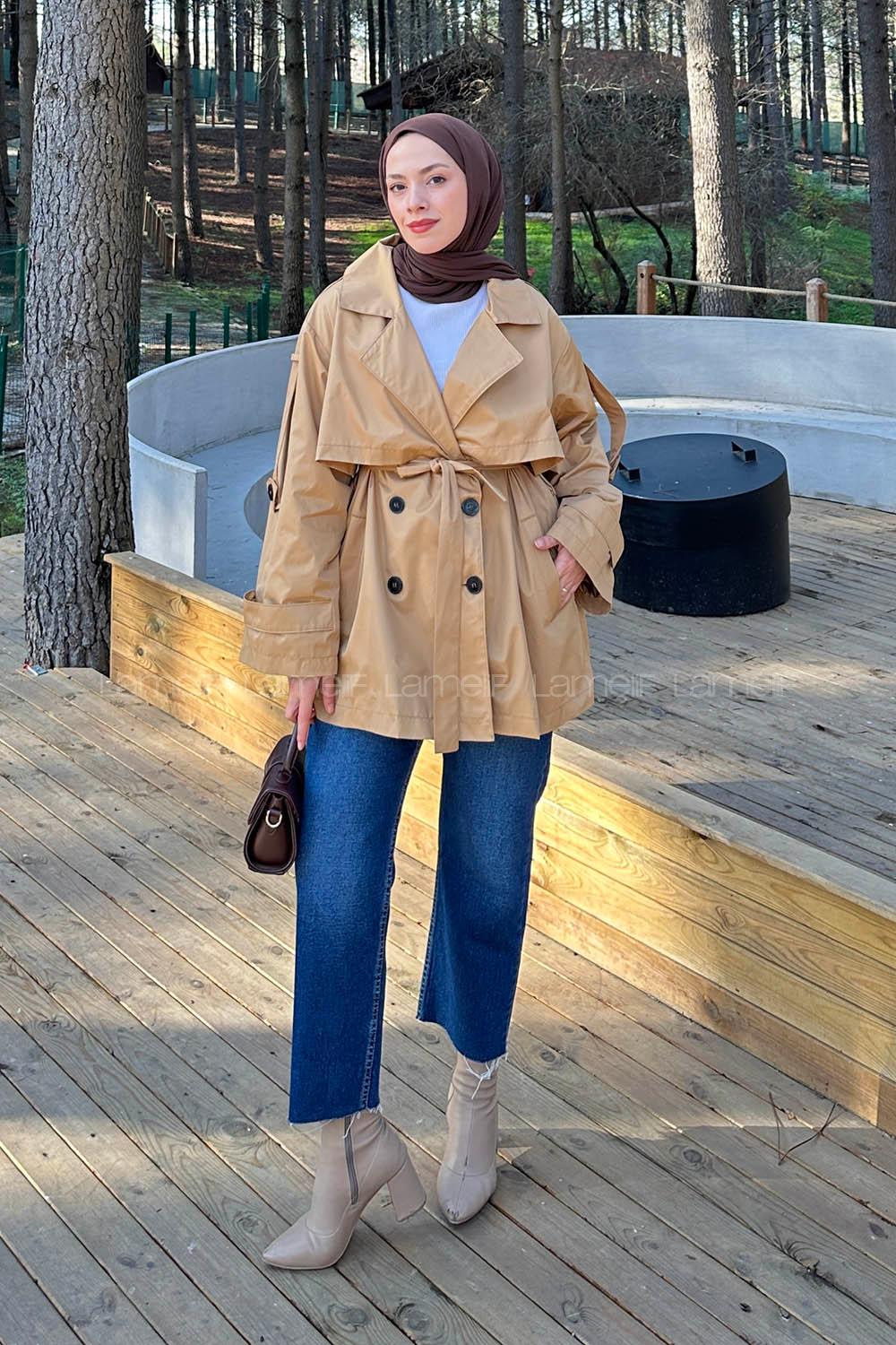Lamelif Bağlama Detaylı Trençkot Taba