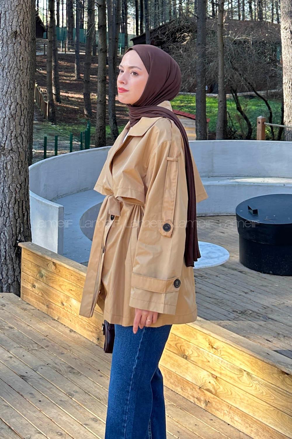 Lamelif Bağlama Detaylı Trençkot Taba