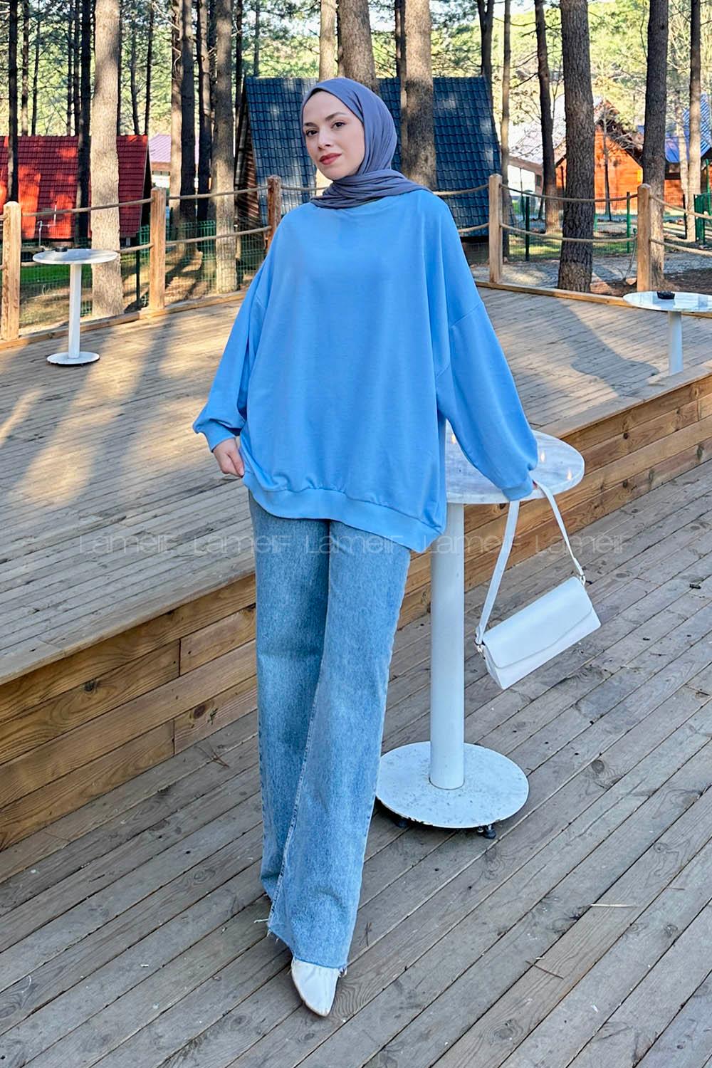 Lamelif Balon Kol Yaka Ve Etek Ucu Manşetli Bol Sweat Bebe Mavisi