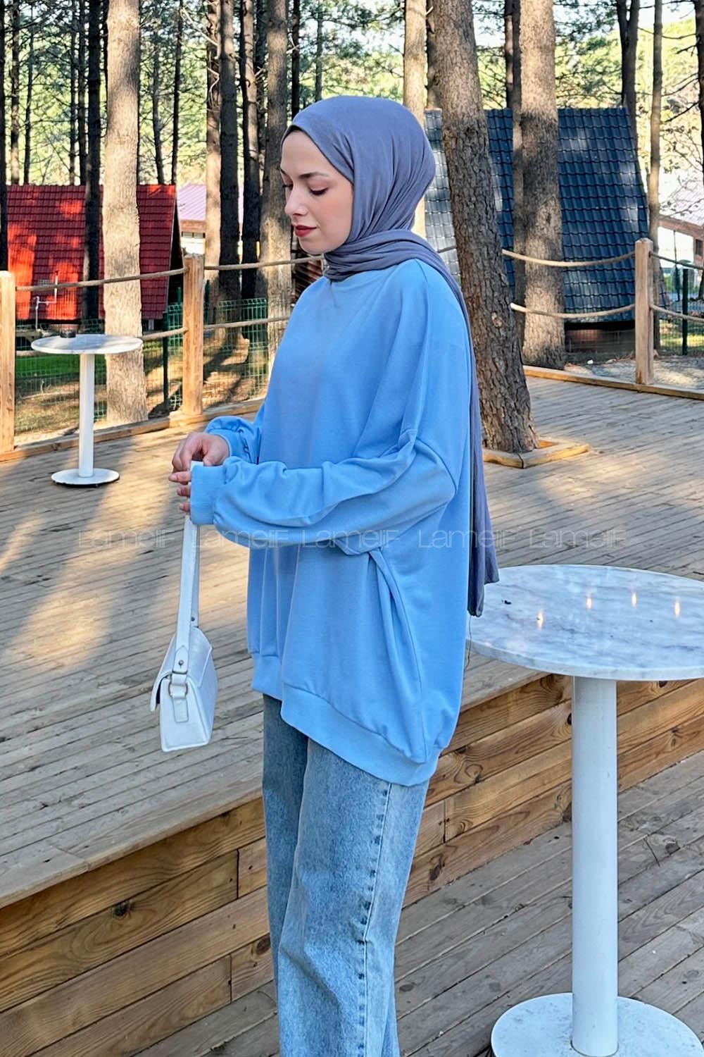 Lamelif Balon Kol Yaka Ve Etek Ucu Manşetli Bol Sweat Bebe Mavisi