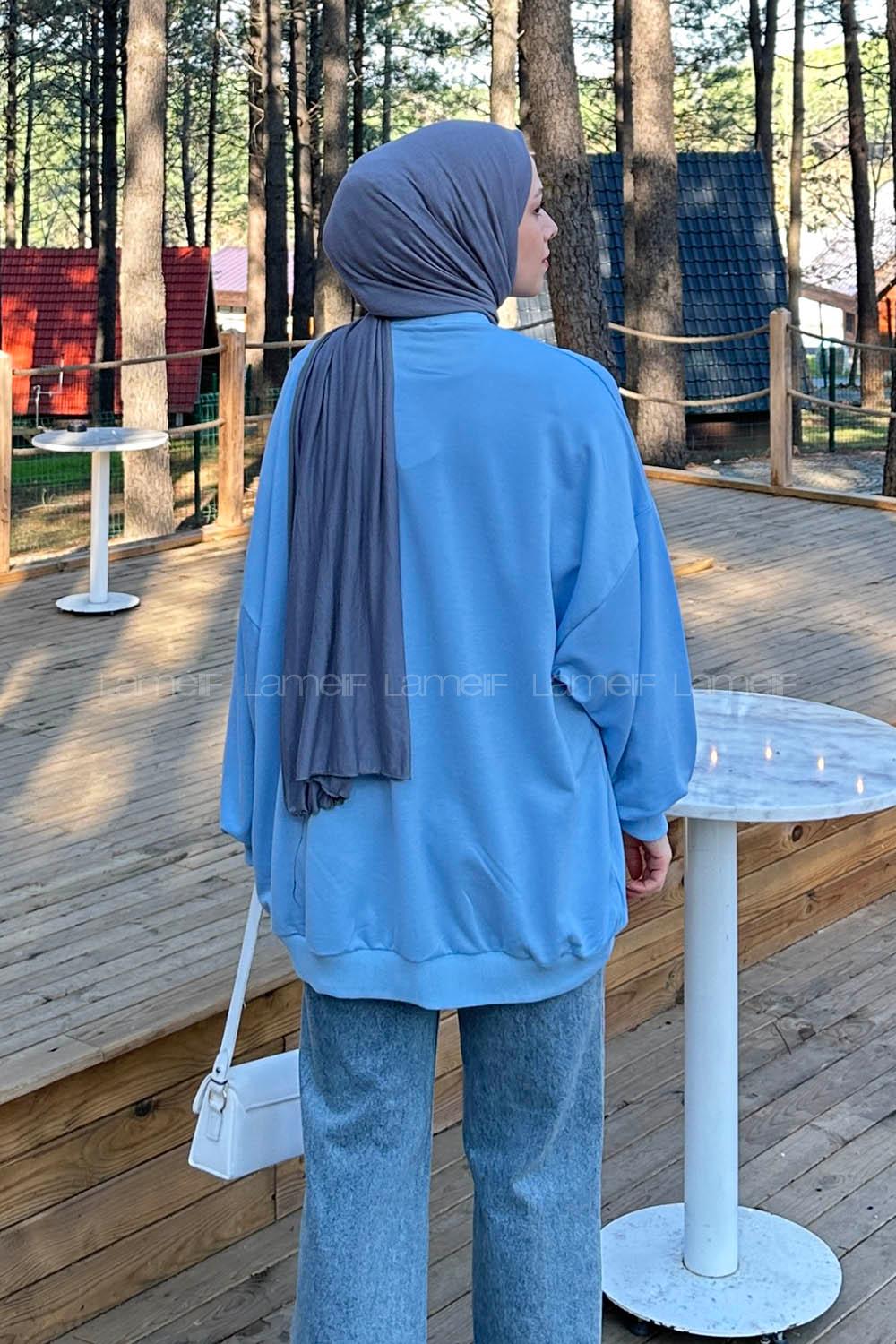 Lamelif Balon Kol Yaka Ve Etek Ucu Manşetli Bol Sweat Bebe Mavisi