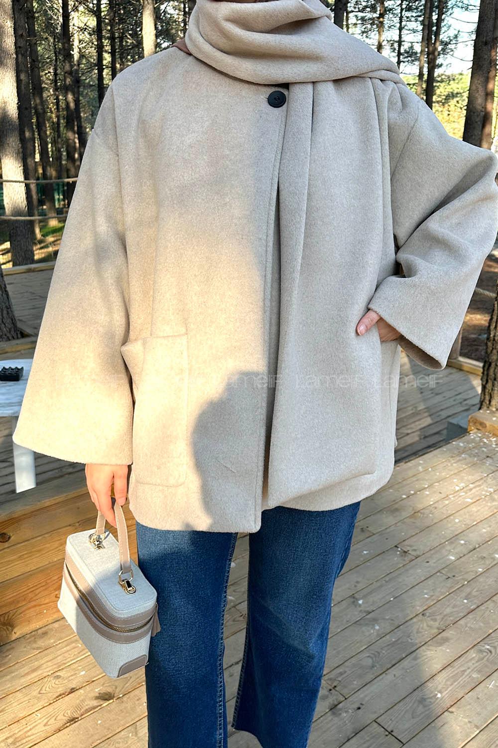 Beige Scarf Neck Long Arm Coat