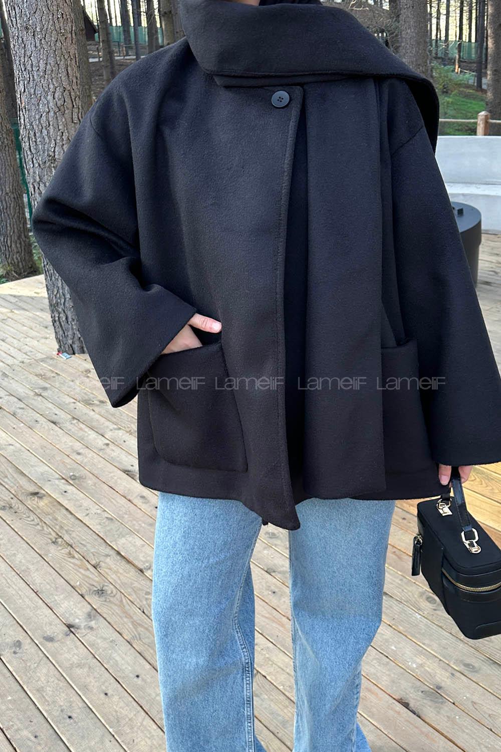 Black Scarf Neck Long Arm Coat