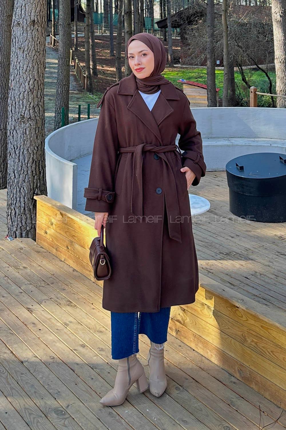 Lamelif Düğmeli Kaşe Kaban Acı Kahve