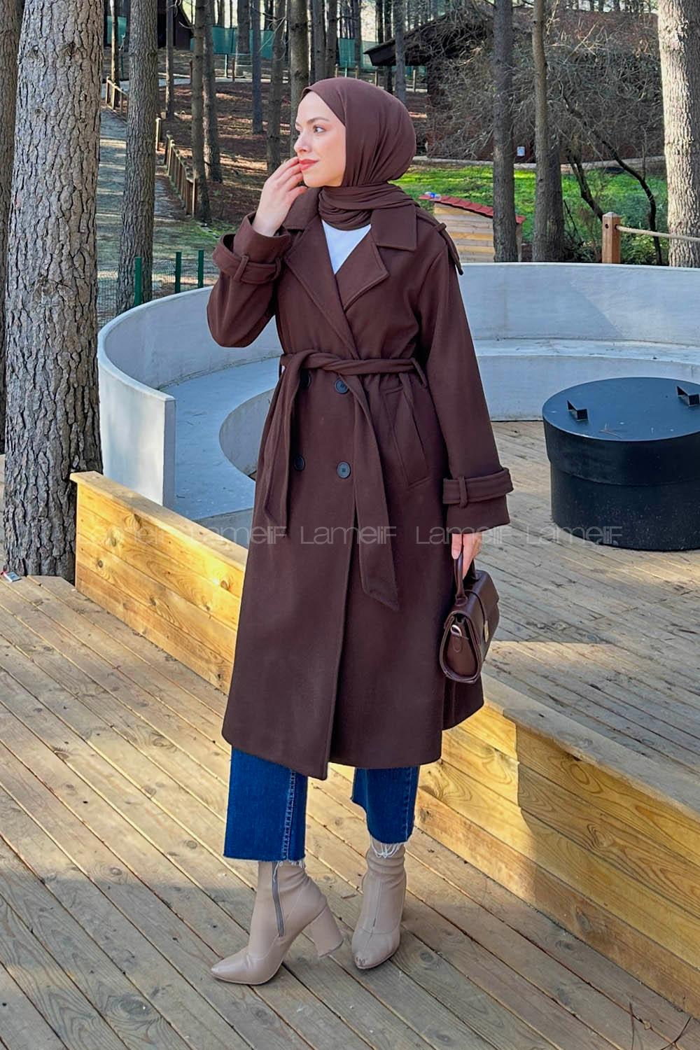 Lamelif Düğmeli Kaşe Kaban Acı Kahve