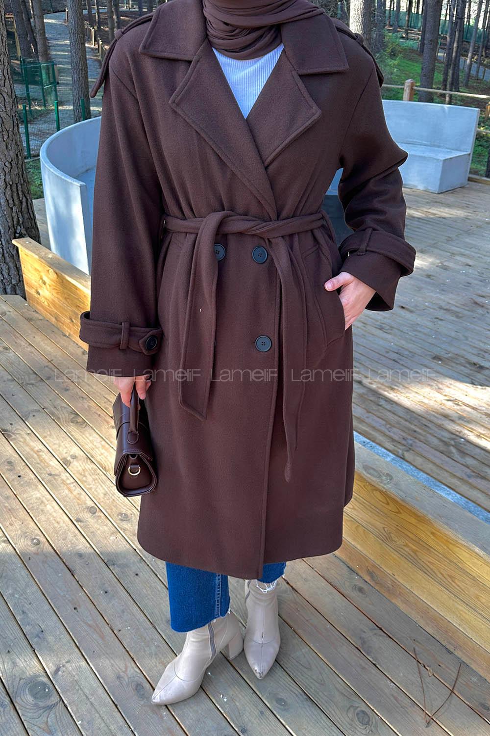 Lamelif Düğmeli Kaşe Kaban Acı Kahve