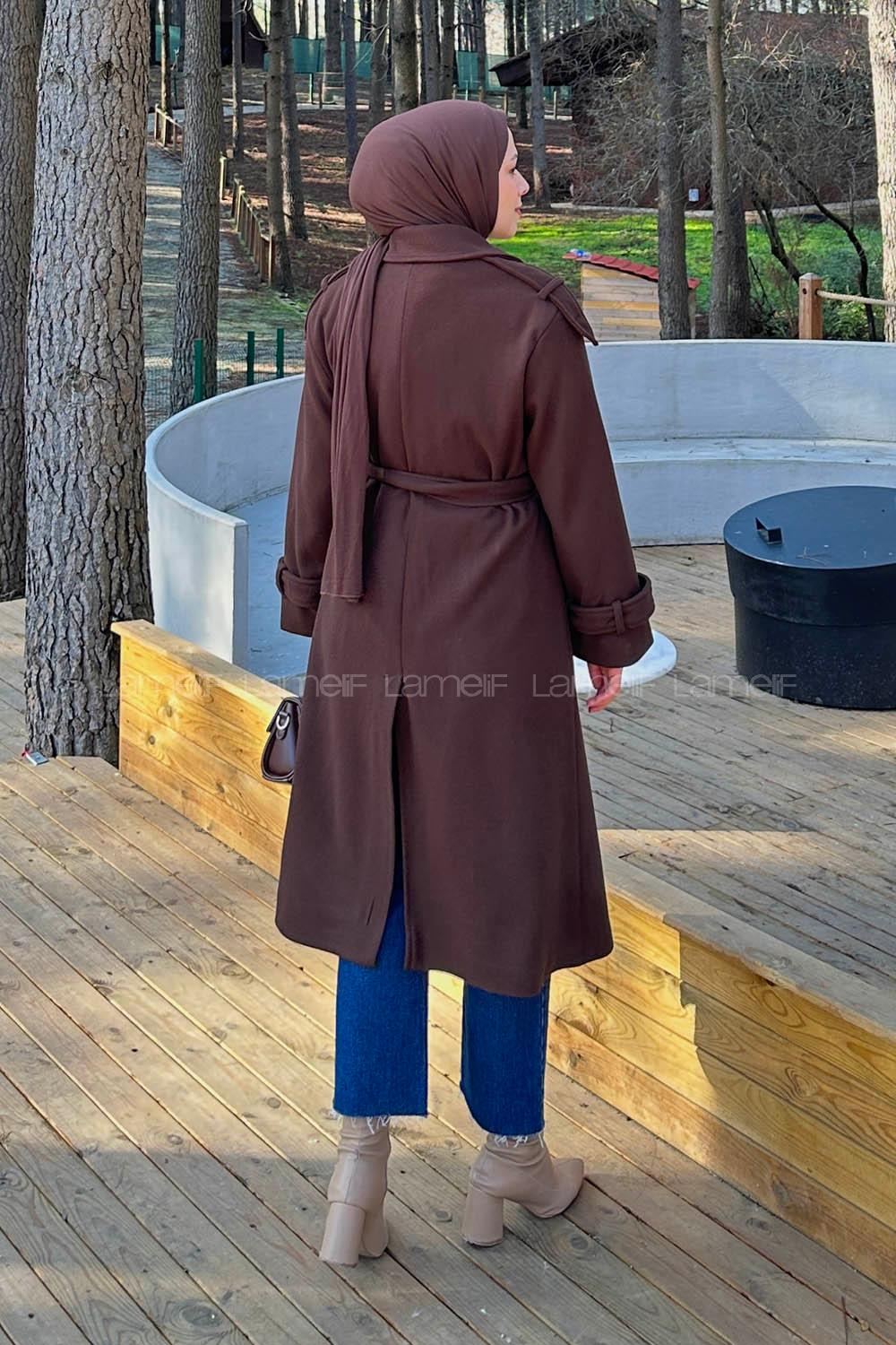 Lamelif Düğmeli Kaşe Kaban Acı Kahve