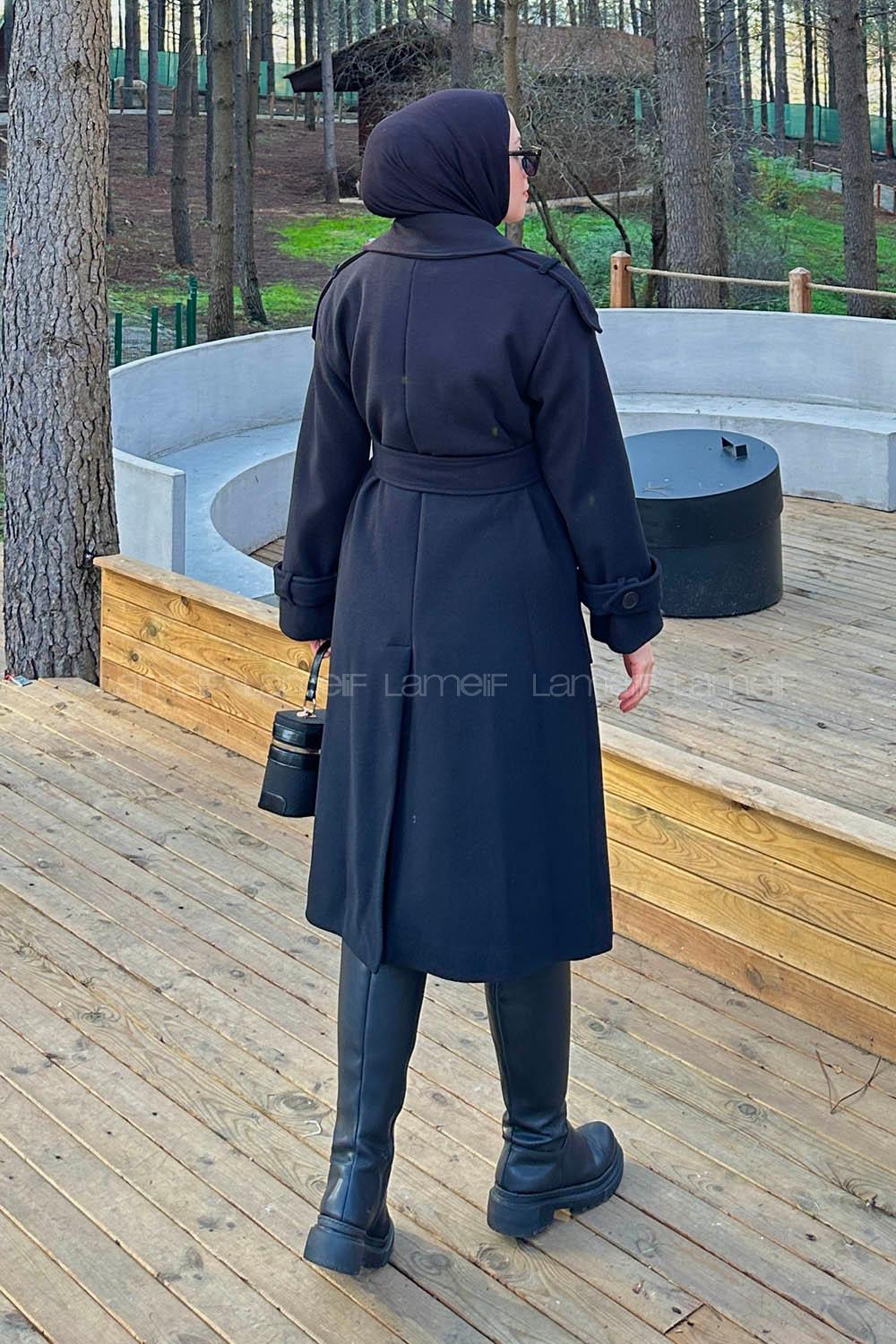 Lamelif Düğmeli Kaşe Kaban Siyah