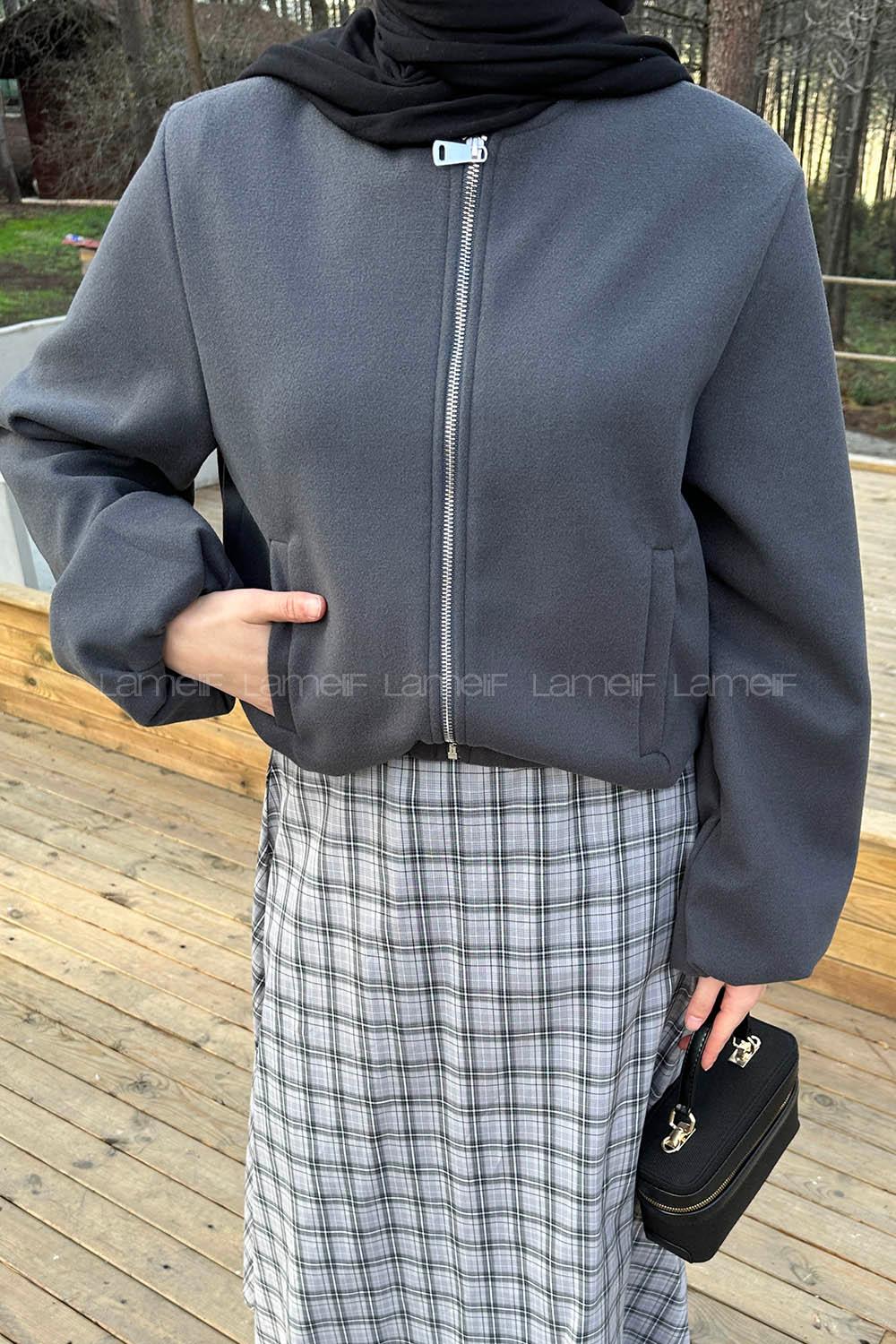 Anthracite Crew Neck Long Arm Stamp Fabric Jacket