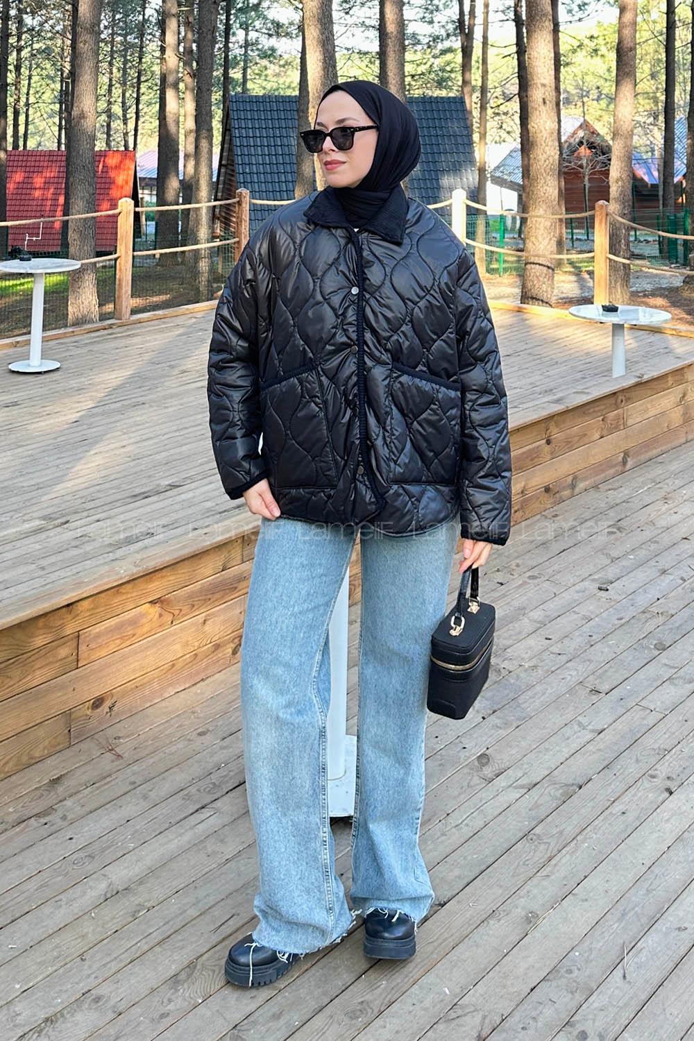 Lamelif Kadife Yaka Kapitone Mont Siyah