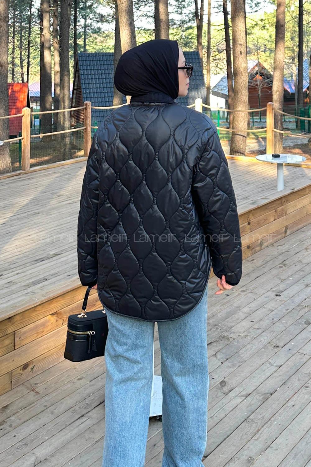 Lamelif Kadife Yaka Kapitone Mont Siyah