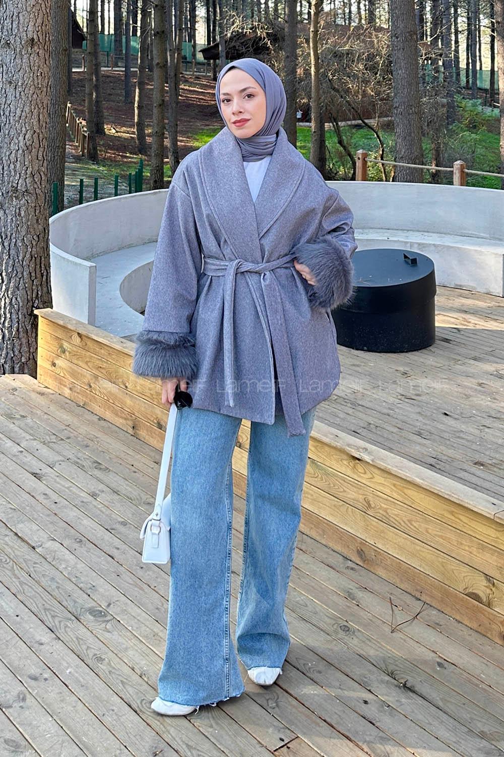 Lamelif Kol Kürk Detaylı Kaban Gri