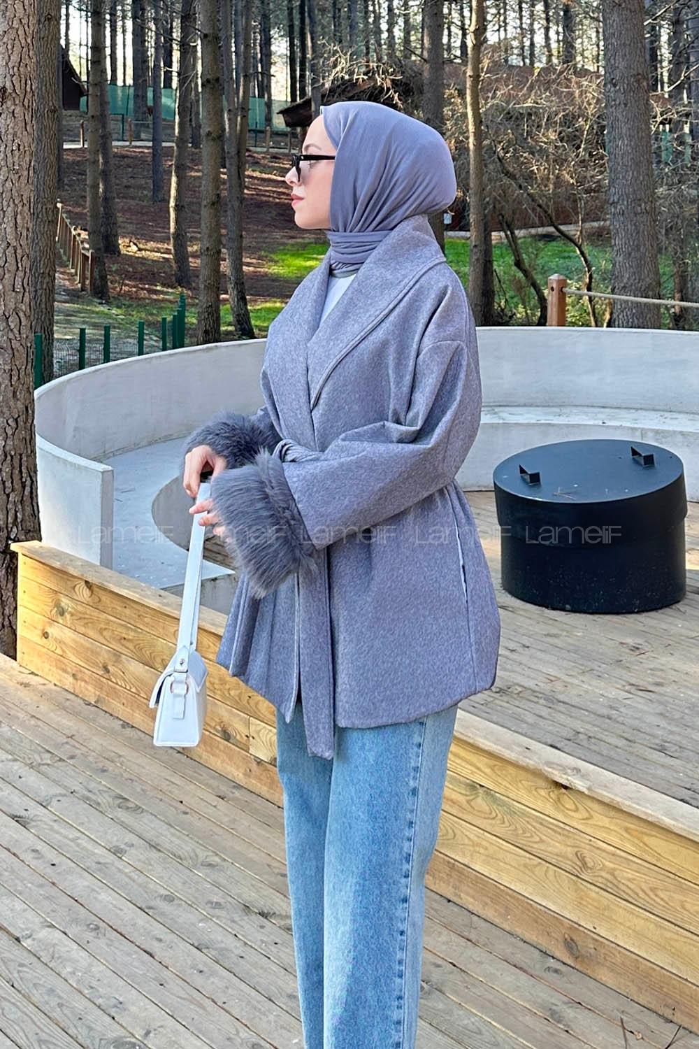 Lamelif Kol Kürk Detaylı Kaban Gri