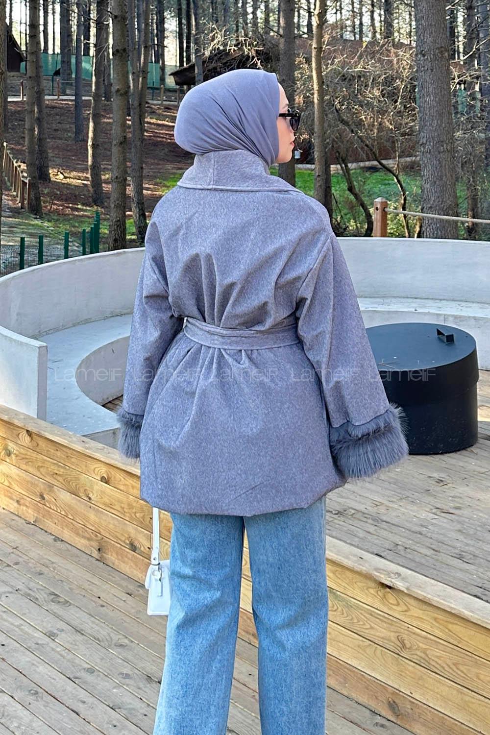 Lamelif Kol Kürk Detaylı Kaban Gri