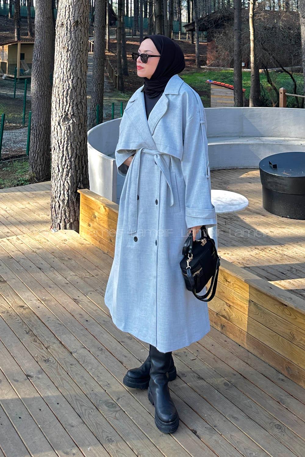 Lamelif Kuşaklı Poliviskon Trenç Gri