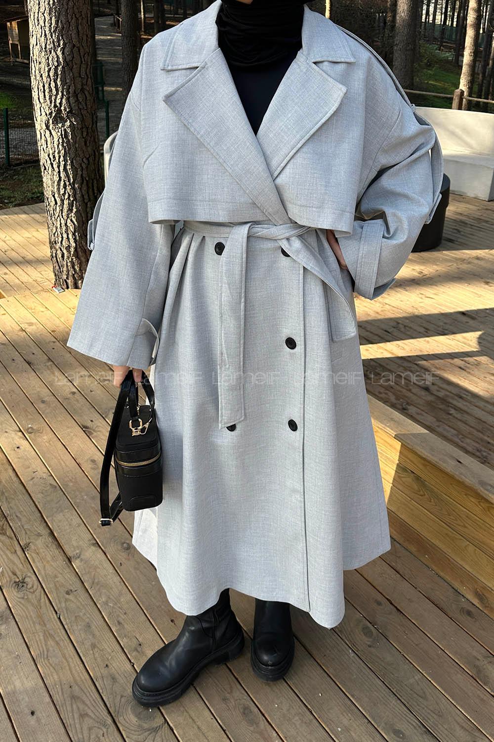 Lamelif Kuşaklı Poliviskon Trenç Gri