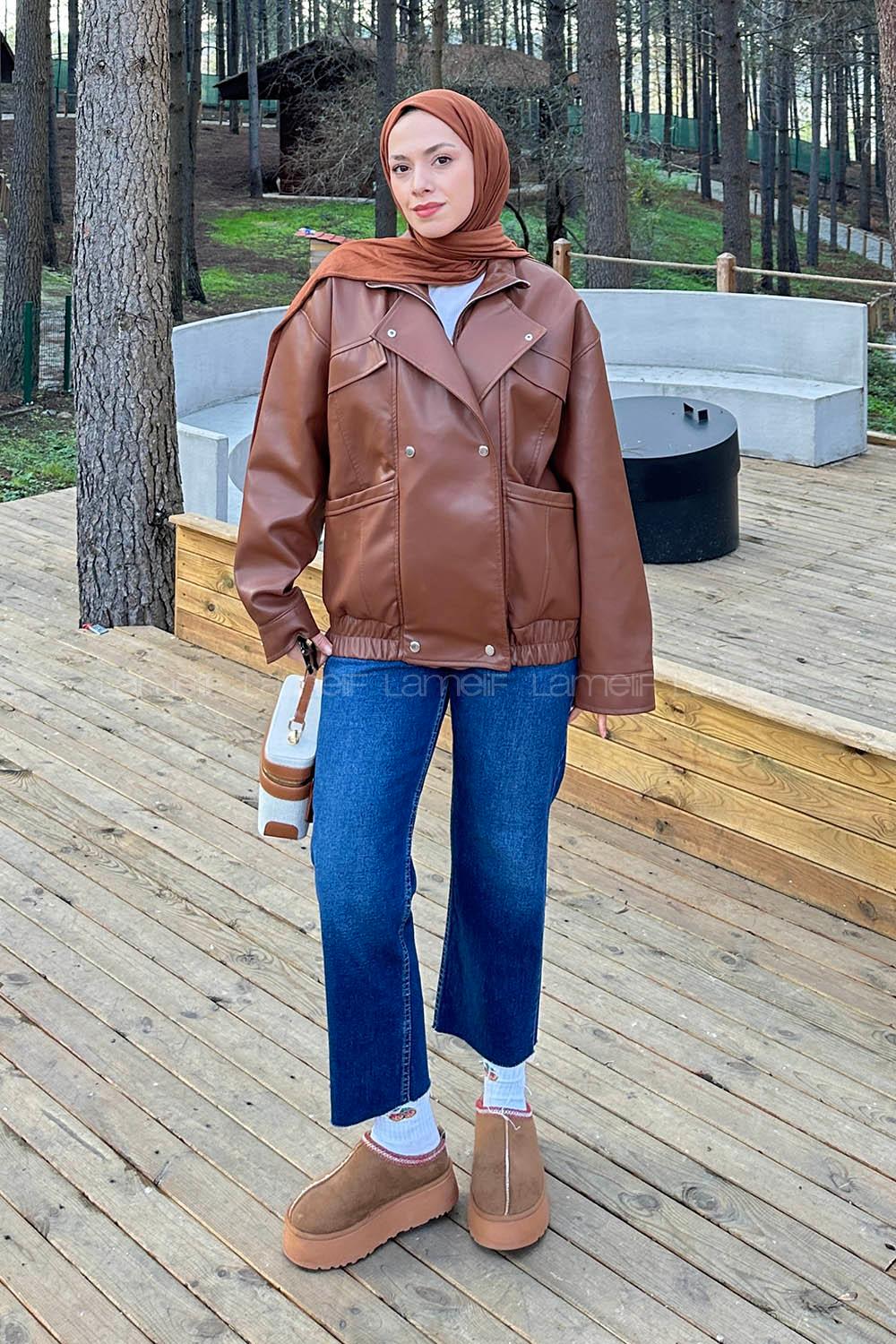 Brown Neckband Long Arm Coat