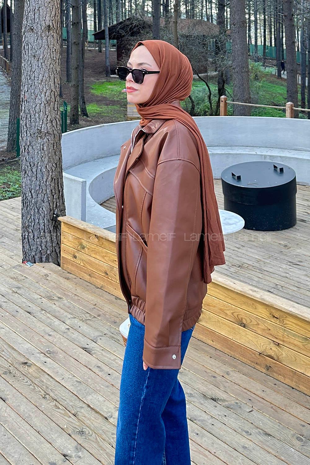 Brown Neckband Long Arm Coat