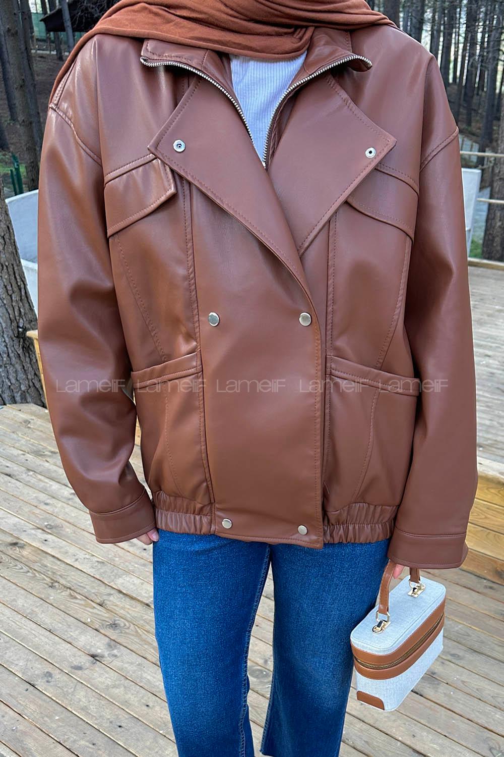 Brown Neckband Long Arm Coat