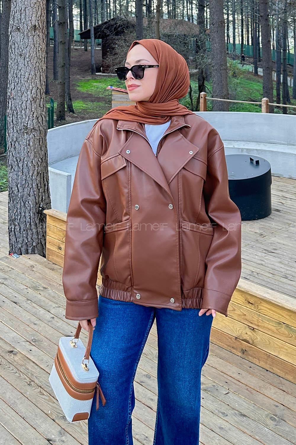 Brown Neckband Long Arm Coat