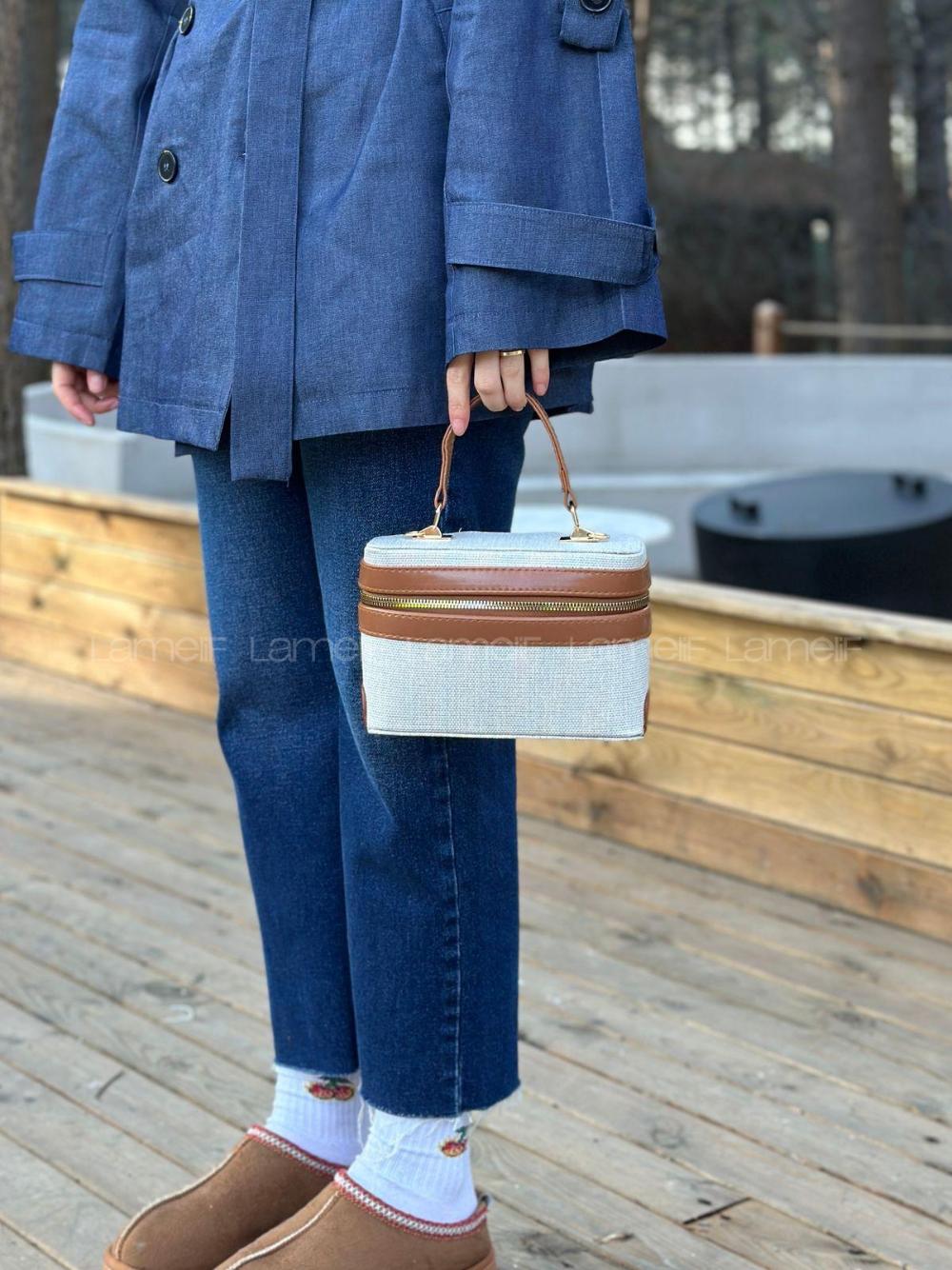 Lamelif Zara Model Hasır Sert Kutu El ve Omuz Çantası Taba