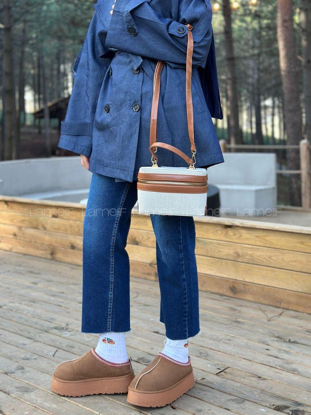 Lamelif Zara Model Hasır Sert Kutu El ve Omuz Çantası Taba