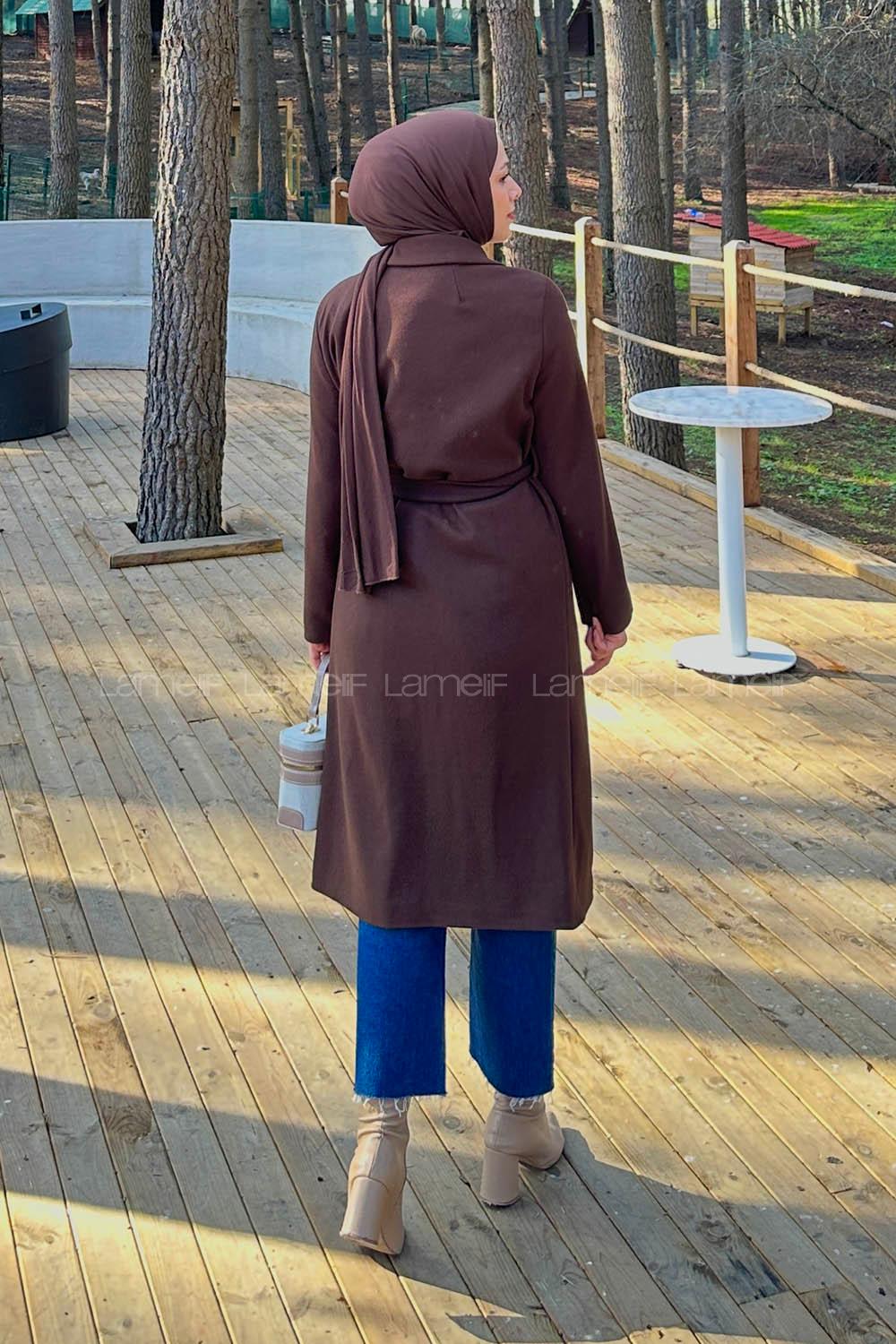 Modalamelif Kuşak Bağlama Detaylı Kaşe Kaban Acı Kahve