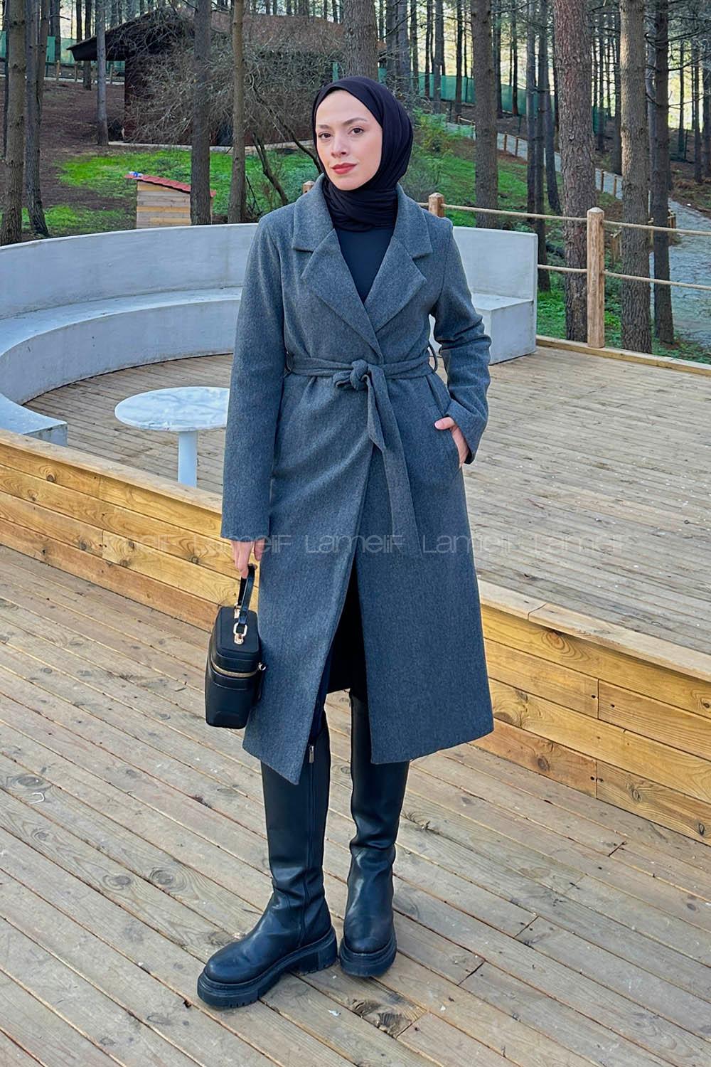 Modalamelif Kuşak Bağlama Detaylı Kaşe Kaban Antrasit