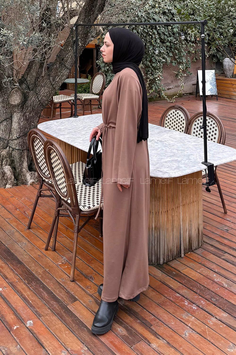 Lamelif Bağlama Detaylı Elbise Soft  Kahve