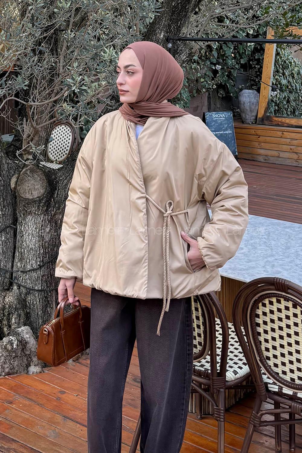 Beige Neckband Long Arm Coat