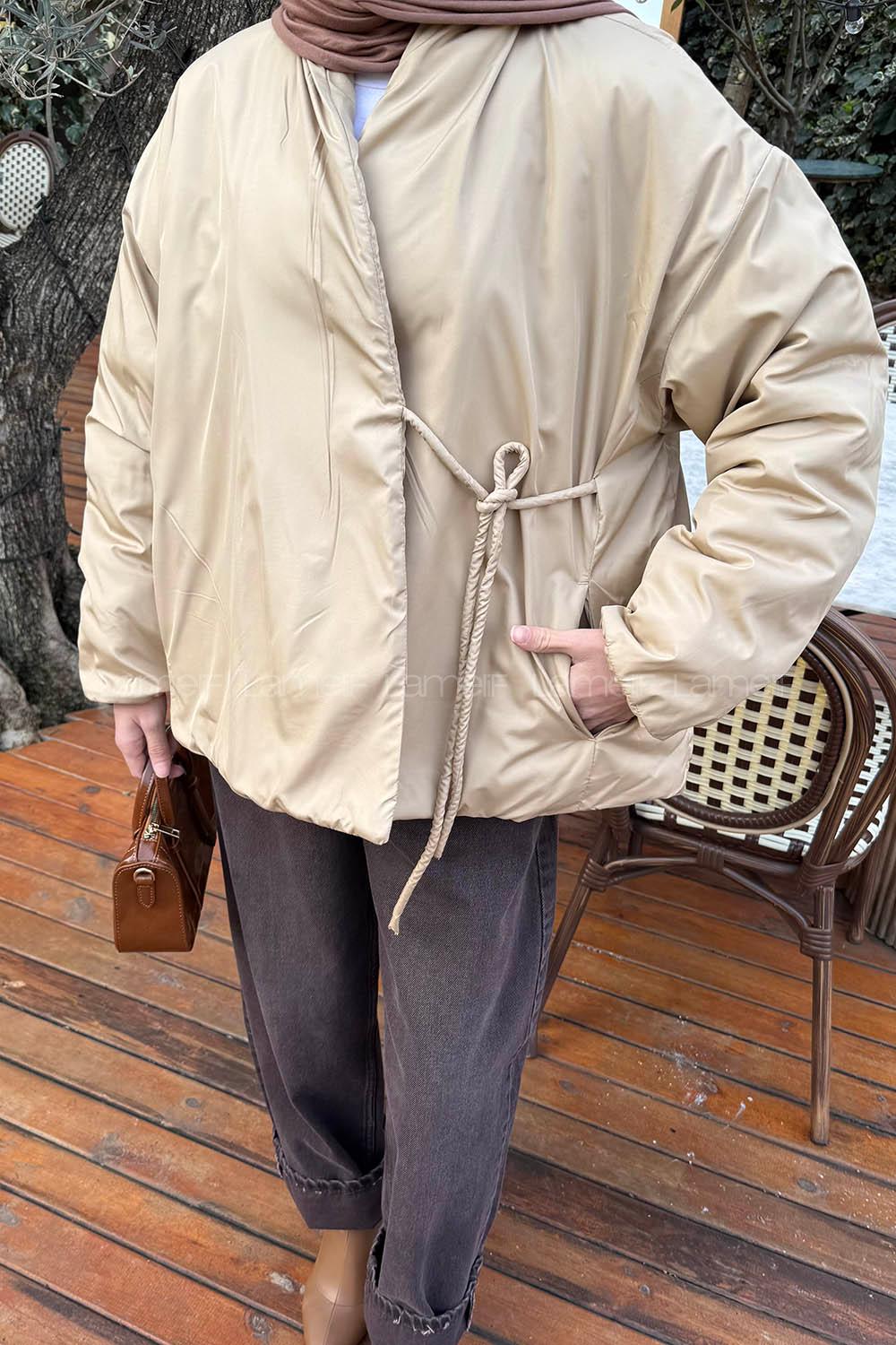 Beige Neckband Long Arm Coat