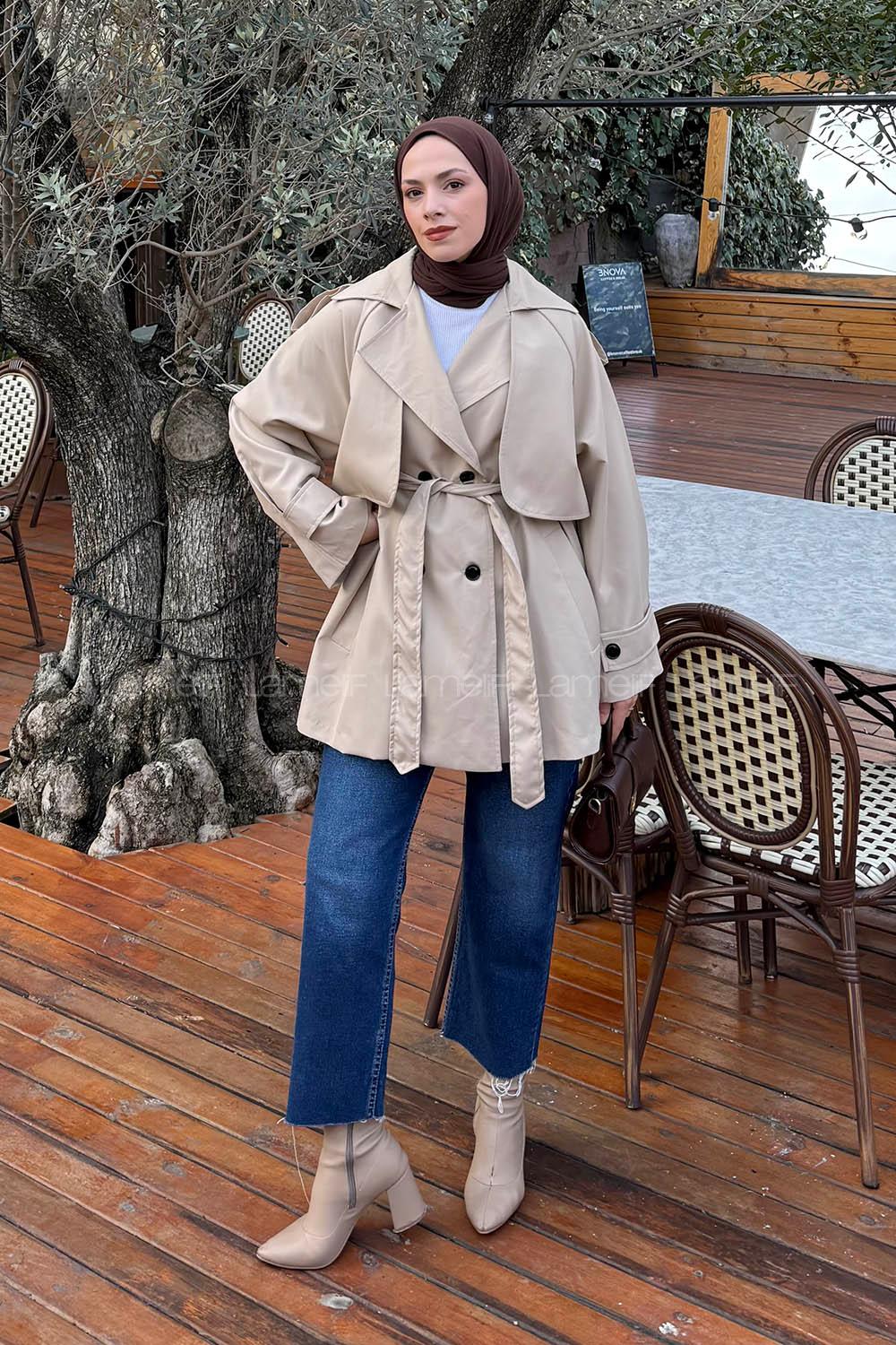 Lamelif Bağlama Detaylı Trençkot Bej