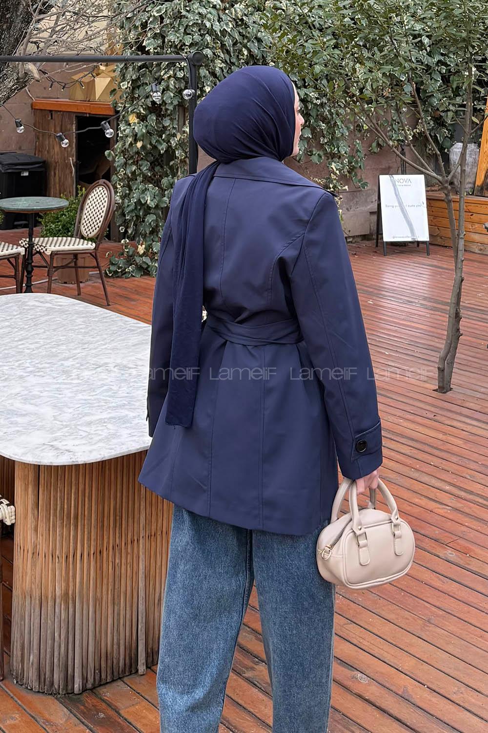Lamelif Bağlama Detaylı Trençkot Lacivert