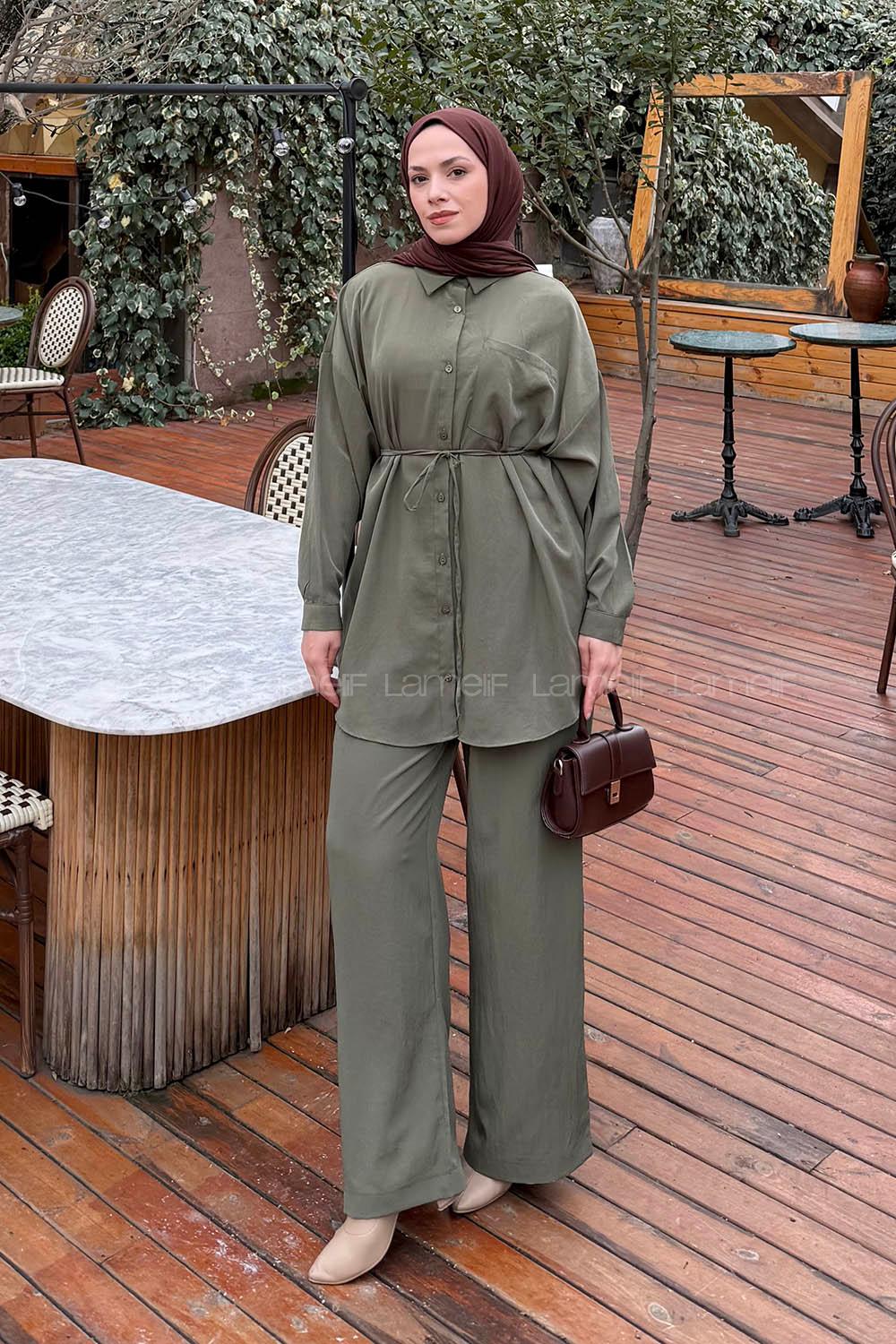 Lamelif Cep Detaylı Modal Tesettür Takım Haki