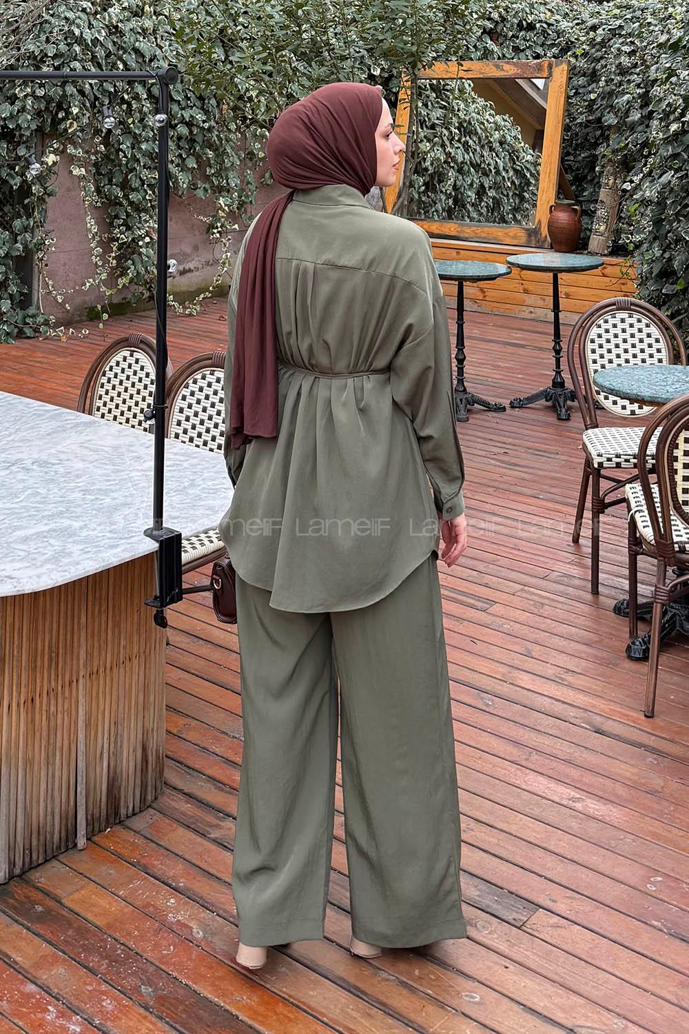Lamelif Cep Detaylı Modal Tesettür Takım Haki