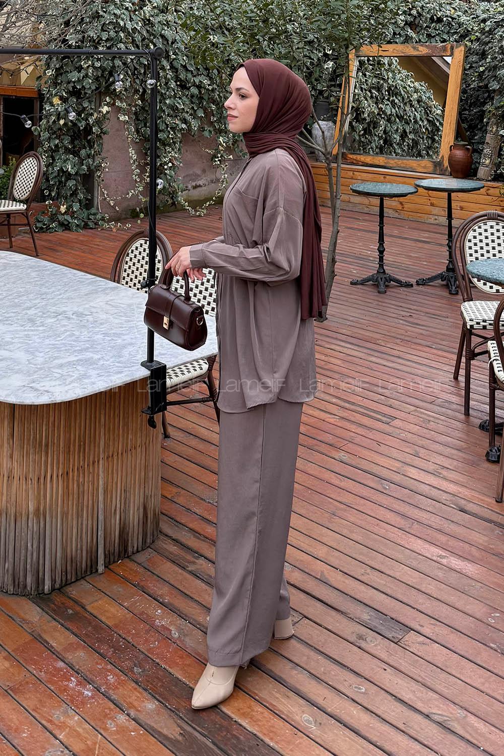 Lamelif Cep Detaylı Modal Tesettür Takım Vizonrengi