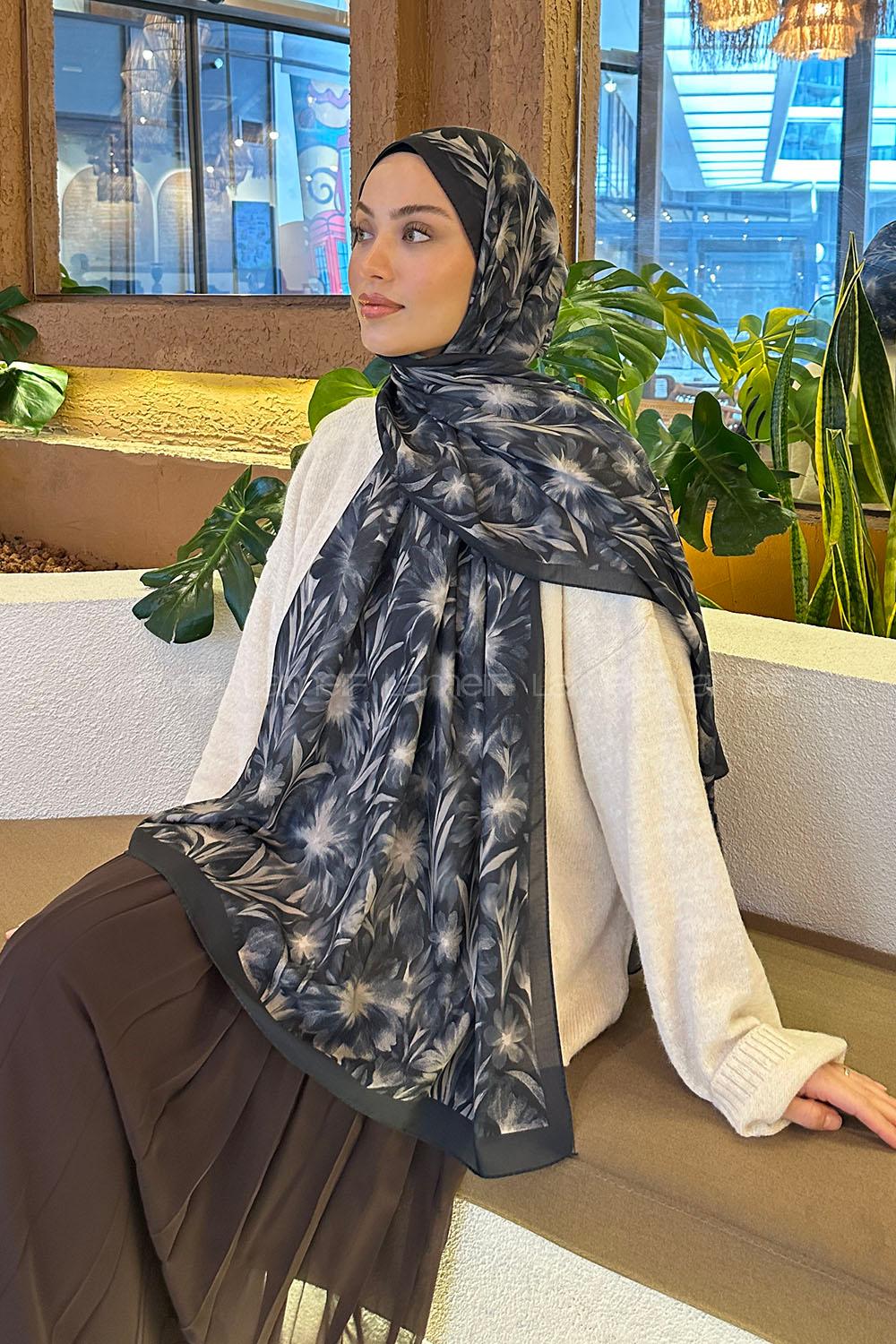 Lamelif Daisy Flowers Desen Pamuk Şal Antrasit