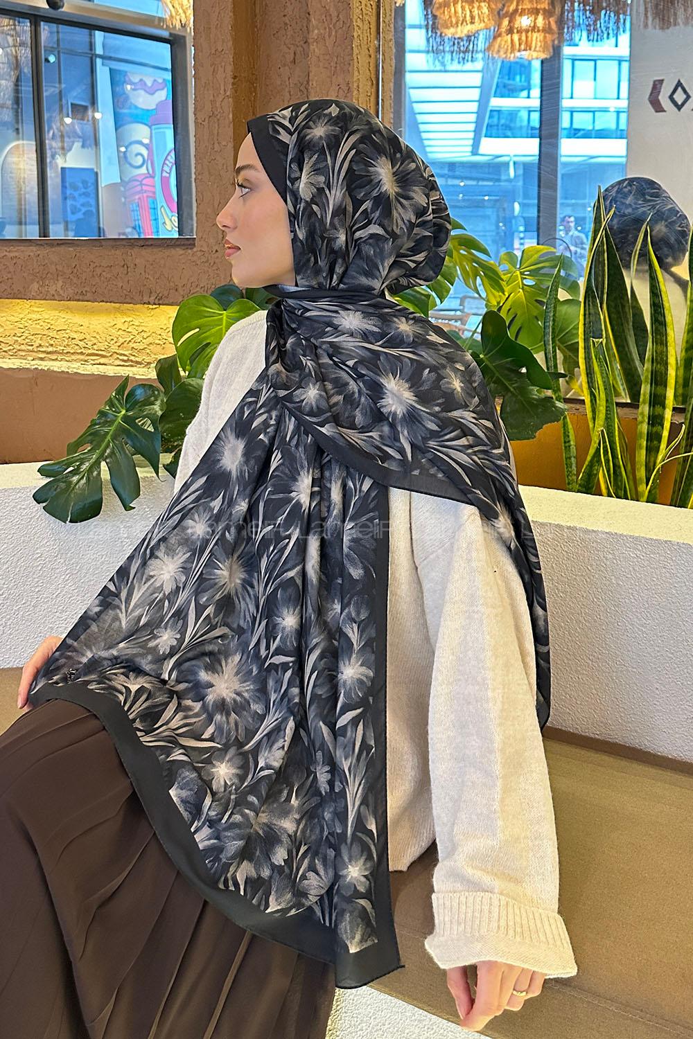 Lamelif Daisy Flowers Desen Pamuk Şal Antrasit