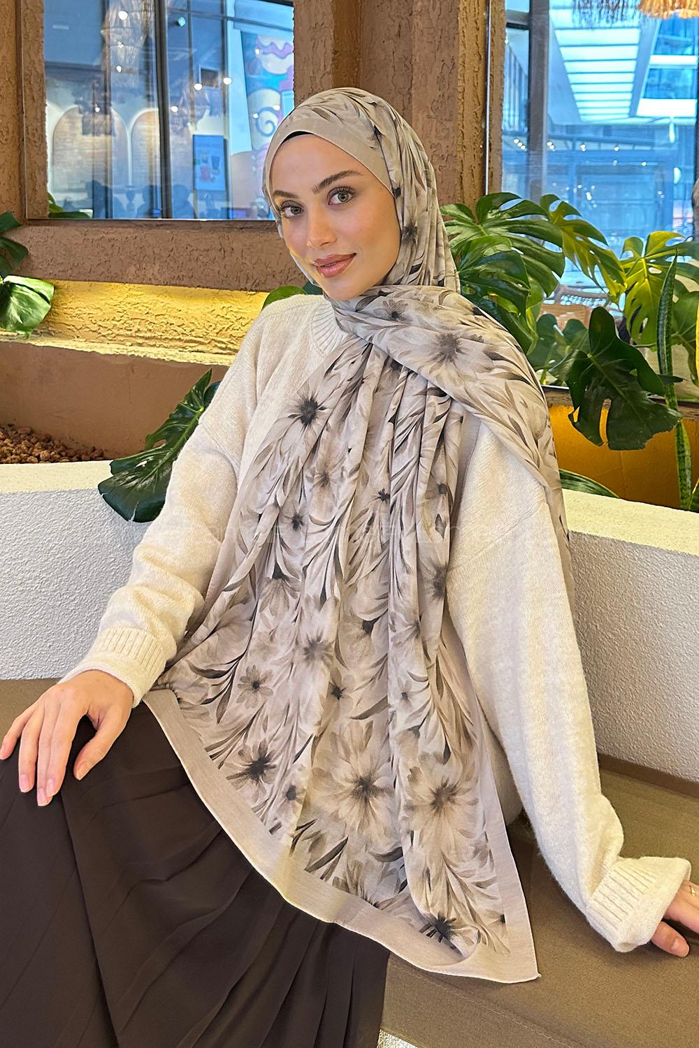 Lamelif Daisy Flowers Desen Pamuk Şal Bej