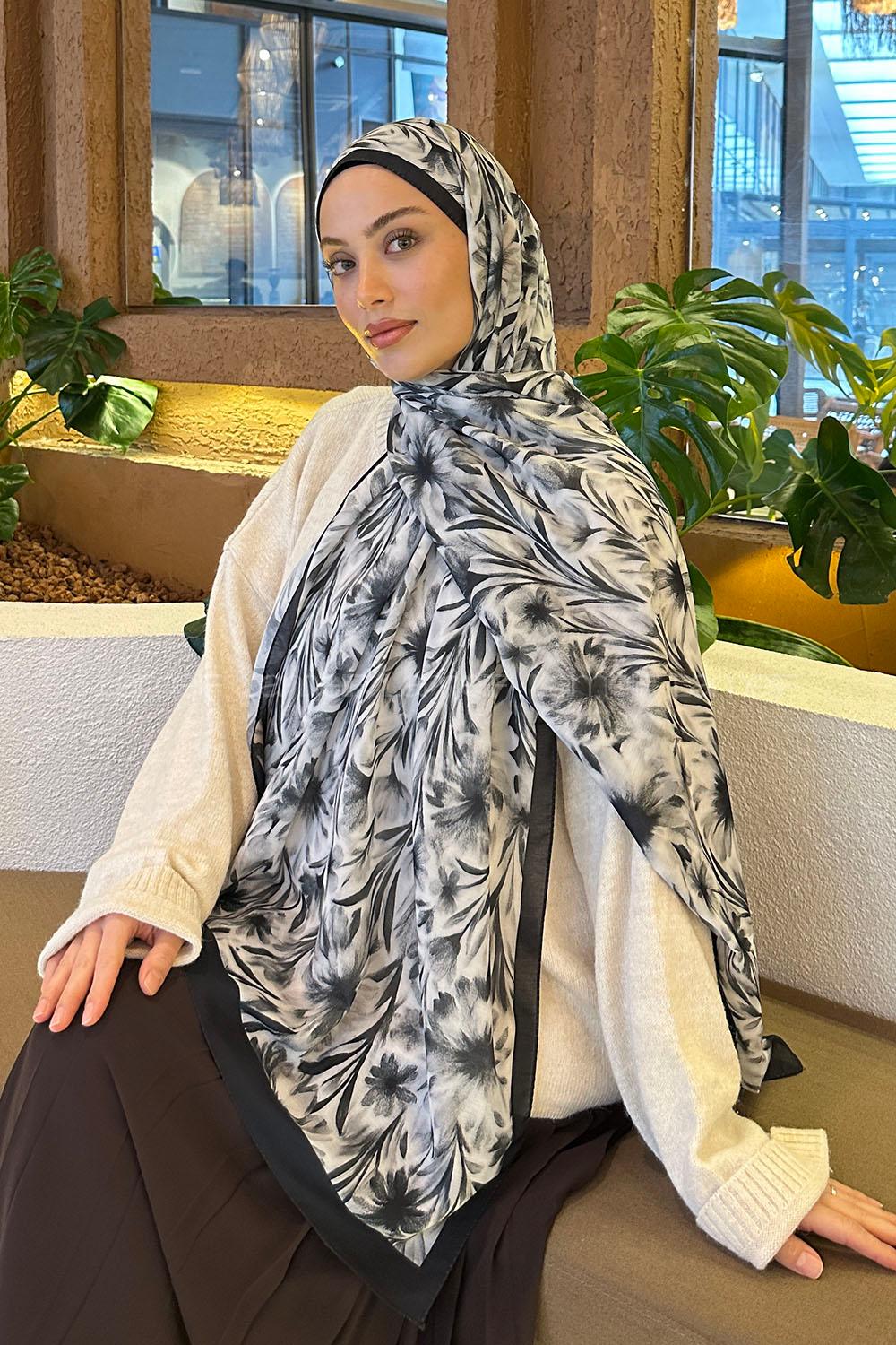 Lamelif Daisy Flowers Desen Pamuk Şal Beyaz Siyah