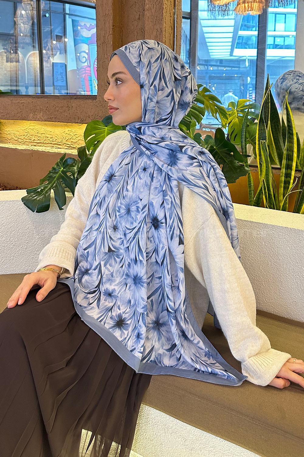 Lamelif Daisy Flowers Desen Pamuk Şal Gök Mavisi