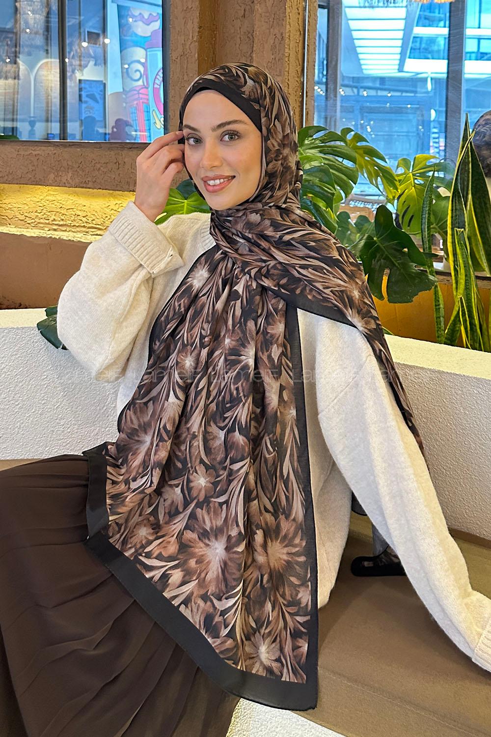 Lamelif Daisy Flowers Desen Pamuk Şal Kahverengi