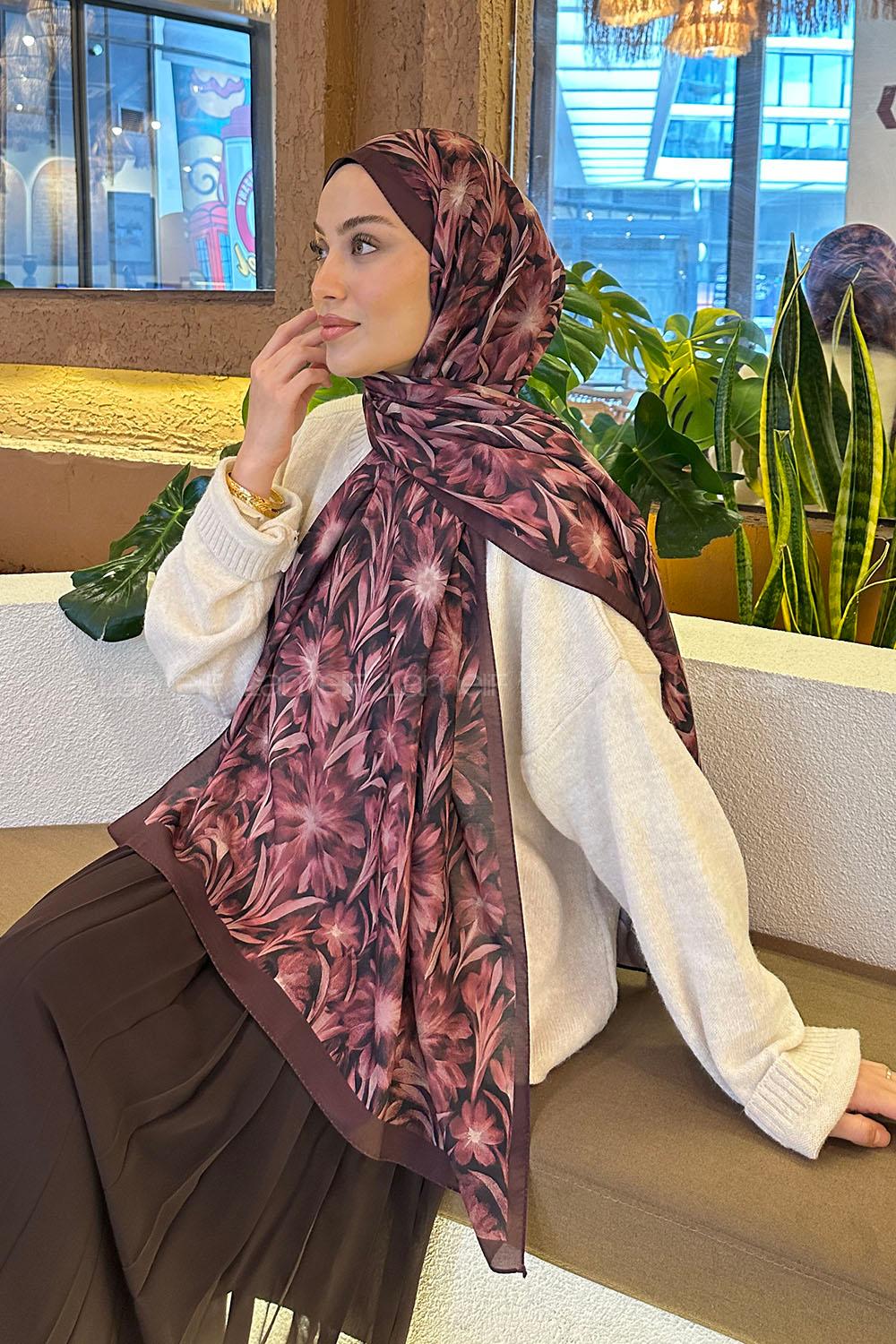 Lamelif Daisy Flowers Desen Pamuk Şal Koyu Bordo