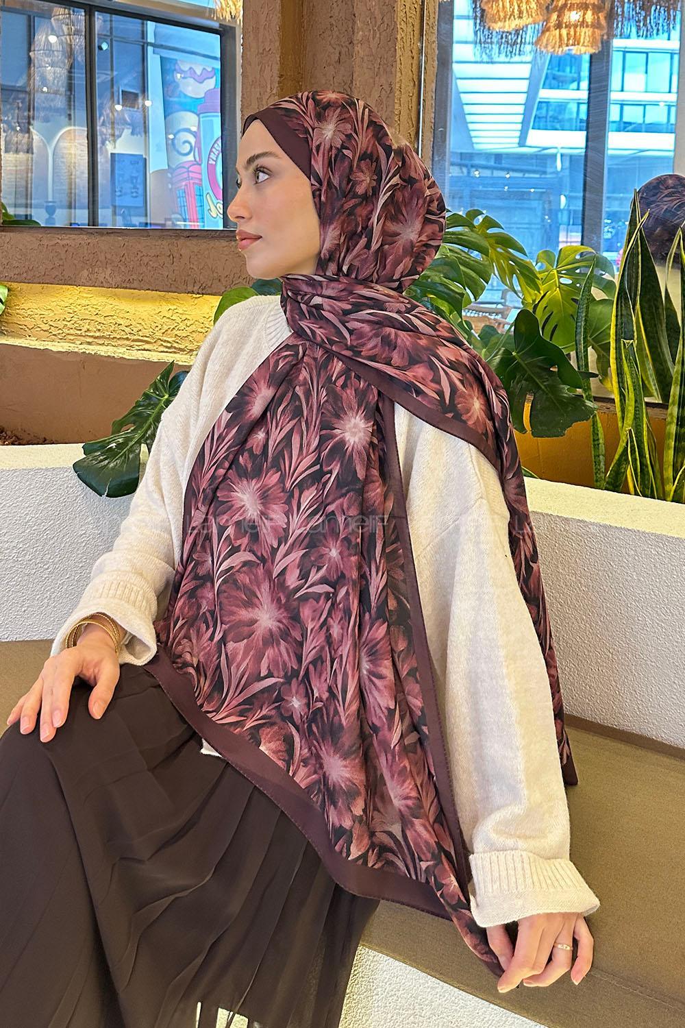 Lamelif Daisy Flowers Desen Pamuk Şal Koyu Bordo